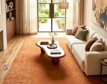 Handmade Rust Brown Wool Rug, Minimalist Border, Modern Neutral Floor Decor