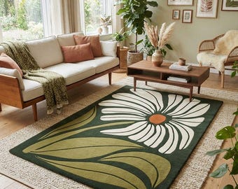 Hand-Tufted Daisy Flower Rug, Modern Botanical Area Rug, Green Floral Carpet, Whimsical Home Decor