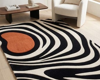 Modern Abstract Area Rug, Black Ivory Terracotta Geometric Tufted Carpet