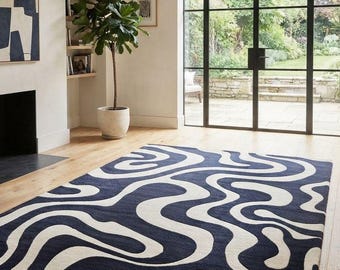 Hand Tufted Abstract Rug, Black Cream Wavy Area Rug, Modern Organic Minimalist Carpet