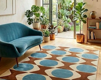 Geometric Teal Blue Area Rug, Modern Brown Cream Abstract Rug, Mid Century Floor Decor