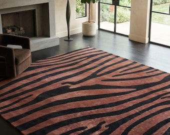 Burgundy Black Abstract Zebra Rug, Modern Geometric Floor Decor, Bold Statement Carpet