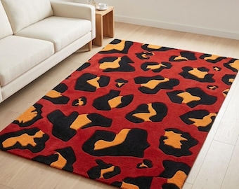 Red Black Orange Abstract Area Rug, Bold Modern Pattern Carpet, Contemporary Statement Floor Decor