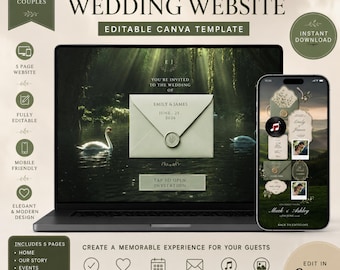 Forest Green Wedding Website Template, Digital Wedding Invitation with RSVP, Editable Canva Wedding Invite, 5 Page Wedding Website