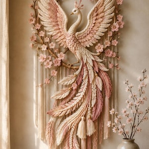 May include: A wall hanging featuring a crocheted peacock in shades of cream and soft pink, centered within a circular frame. The peacock is surrounded by delicate crocheted cherry blossoms and long, flowing fiber tassels that extend downward.