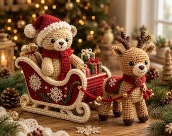 May include: A crocheted tan teddy bear wearing a red Santa hat and scarf sits in a red and cream crocheted sleigh filled with small wrapped gifts. A crocheted tan reindeer with brown antlers and a red scarf is attached to the front of the sleigh.