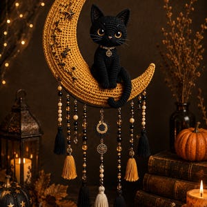 Könnte beinhalten: Eine gehäkelte schwarze Katze sitzt auf einem strukturierten gelben Halbmond. Der Mond ist mit kleinen Sternen und einem Rankenmuster verziert. Unten hängen mehrere Stränge aus schwarzen, goldenen und klaren Perlen mit schwarzen und gelben Quasten.