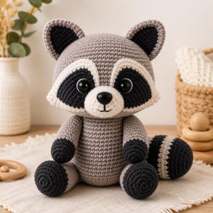 May include: A crocheted raccoon plush toy featuring a grey body, black eye patches, and a white muzzle. The stuffed animal has large black plastic eyes, a small black nose, and a striped tail. The ears are grey with black inner sections.