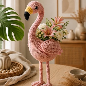 Op de afbeelding: Een roze gehaakt flamingo-figuur met een holle rug die dient als plantenbak. De flamingo heeft een gele en zwarte snavel, donkere ogen en gestructureerde vleugels. Het is gevuld met een boeket van roze lelies en kleine witte bloemen.