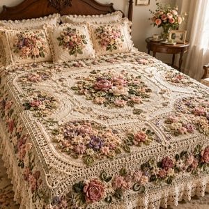 Può includere: Un copriletto all'uncinetto color crema e tre federe abbinate con intricati motivi floreali in rilievo nelle tonalità del rosa, viola, giallo e verde. Il set da letto presenta una lavorazione dettagliata con un bordo smerlato e arricciato.