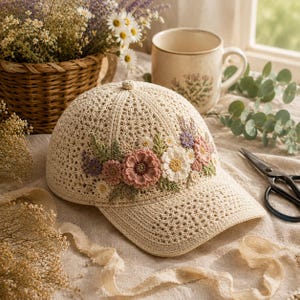 May include: A beige crochet baseball cap featuring an intricate floral design on the front panel. The cap is constructed from a textured, open-weave yarn pattern and is adorned with three-dimensional crocheted flowers in shades of pink, white, and purple with green leaves.