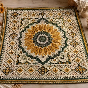 May include: A rectangular crochet blanket featuring a large central sunflower motif in shades of yellow, dark green, and cream. The design includes intricate geometric borders with repeating floral patterns, finished with a dark green edge.