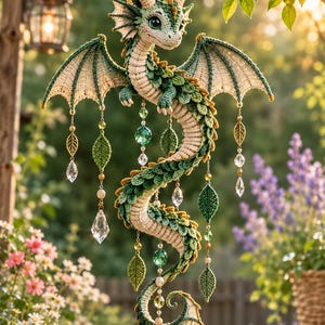 May include: A crocheted dragon hanging ornament featuring a long, coiled body with green and cream scales, large wings, and horns. The dragon is adorned with dangling strands of clear crystal beads, small gold-toned leaf charms, and green beads.