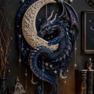 Op de afbeelding: Een wandhanger met een donkerblauwe gehaakte draak die om een gestructureerde crèmekleurige maansikkel is gewikkeld. Het stuk hangt aan een houten stok met gouden kettingen versierd met kleine metalen sterren en maanbedels.
