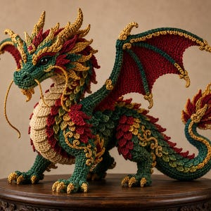 Könnte beinhalten: Eine gehäkelte Drachenfigur mit einem komplexen Design aus dunkelgrünem, tiefrotem und goldgelbem Garn. Das Wesen hat große Flügel, einen langen Schwanz mit gefiederter Spitze und lange Schnurrhaare. Es ist mit detaillierten Texturen versehen.