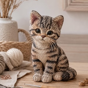 Puede incluir: Una figura de gato atigrado tejida a ganchillo con hilo marrón, beige y gris oscuro en un patrón de rayas. El gato tiene ojos grandes, redondos y oscuros, una pequeña nariz bordada y bigotes finos y claros, sentado en postura erguida.