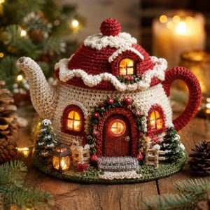 Puede incluir: Una funda de ganchillo para tetera con forma de cabaña, techo rojo, paredes crema y puerta central. Incluye ventanas iluminadas, una pequeña linterna, pinos en miniatura y una corona decorativa. Posee asa, boquilla y un pomo superior.