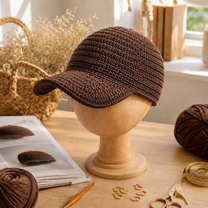 May include: A dark brown crochet baseball cap with a structured brim and a textured, ribbed stitch pattern. The cap is displayed on a light-coloured wooden mannequin head, showcasing the detailed hand-stitched construction and uniform dark brown yarn.