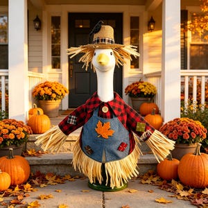 May include: A goose figurine dressed as a scarecrow, wearing a straw hat with a black bird, a red and black buffalo plaid shirt, and a blue denim apron featuring an orange maple leaf patch and small colorful fabric patches on the sleeves.