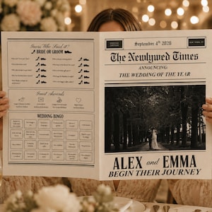 Op de afbeelding: Een gedrukt trouwprogramma in krantenstijl getiteld The Newlywed Times, gedateerd 4 september 2026. De voorpagina bevat een zwart-witfoto van een koppel, de namen Alex en Emma, en secties voor Guess Who Said It, Guest Awards en Wedding Bingo.