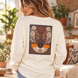 Boho Butterfly Long Sleeve Shirt, Floral Back Print, Cottagecore Folk Art Top