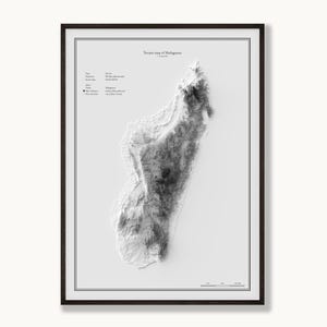 Peut inclure: Une carte topographique encadrée en noir et blanc de Madagascar. L'impression présente un relief détaillé de l'île, avec le texte 'Terrain map of Madagascar', des données techniques et une échelle graphique dans le coin inférieur droit.