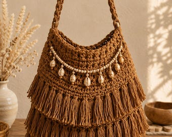 Puede incluir: Un bolso de hombro de ganchillo marrón con tres niveles de flecos largos en la parte inferior. La sección superior está adornada con un cordón decorativo de pequeñas cuentas de madera intercaladas con varias conchas de cauri claras.