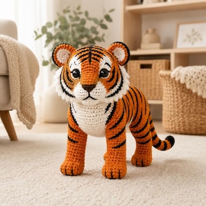 May include: A handcrafted crochet tiger toy featuring vibrant orange yarn with distinct black stripes, a white chest, and a white muzzle. The plush animal has large, dark, round eyes, small rounded ears, and a long tail, standing in a four-legged pose.
