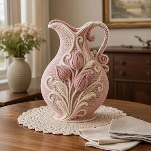 May include: A dusty pink crocheted pitcher featuring an intricate raised cream-coloured floral appliqué of tulips and swirling vines. The pitcher has a curved handle and sits on a round, cream-coloured crocheted doily with a scalloped edge.