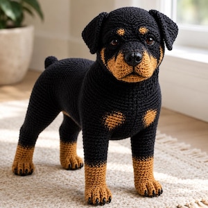 May include: A handcrafted crochet Rottweiler puppy figurine featuring a black and tan color scheme. The plush toy has a textured yarn surface, dark brown eyes, a black nose, and small black claws on each paw, standing in a realistic pose.
