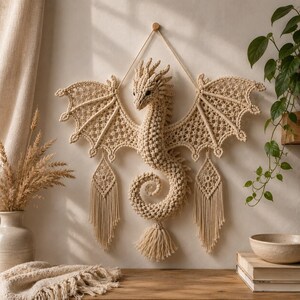 Puede incluir: Un tapiz de macramé color crema con forma de dragón, con alas intrincadamente anudadas, un cuerpo texturizado y una cola en espiral. El diseño incluye dos adornos colgantes en forma de diamante con largas borlas de flecos en las alas.