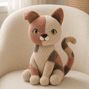 Patrón de amigurumi de gato de patchwork en PDF, gatito rosa sentado con cola curva.