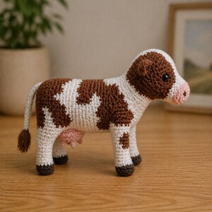 Cow Amigurumi Crochet Pattern PDF, Brown Spotted Farm Animal with White Blaze and Pink Muzzle