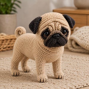 Könnte beinhalten: Eine gehäkelte Mops-Figur mit beigefarbenem Körper sowie dunkelbrauner Schnauze, Ohren und Nase. Das Stofftier hat große, dunkle, glänzende Augen und einen geringelten Schwanz, gefertigt mit einer detaillierten Garnstruktur, die einen Hund imitiert.