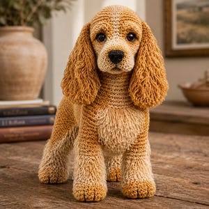 May include: A crocheted spaniel dog figurine featuring golden-brown yarn with a lighter cream-colored chest and muzzle. The plush toy has long, textured, curly ears, dark round eyes, and a black stitched nose, standing on four sturdy legs.