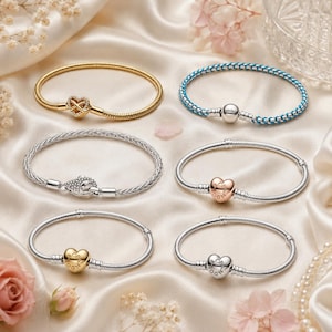 May include: Six bracelets arranged in two columns. Top left: gold snake chain with a heart infinity clasp. Top right: blue woven cord with a silver Pandora clasp. Middle left: silver snake chain with a pavé heart clasp. Middle right: silver snake chain with a rose gold heart clasp. Bottom left: silver snake chain with a gold heart clasp. Bottom right: silver snake chain with a silver heart clasp.