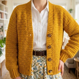 May include: A mustard yellow crochet cardigan featuring a V-neckline, long sleeves with ribbed cuffs, and four large dark brown buttons down the front. The cardigan is worn over a white button-down shirt, a dark brown leather belt, and a floral skirt.