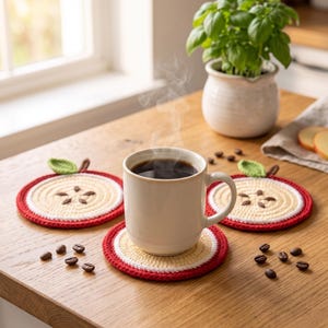 Pode incluir: Três bases para copos redondas em crochê com design de fatia de maçã, bordas vermelhas, centros em creme e pequenas folhas verdes. Uma caneca de cerâmica branca cheia de café preto fumegante repousa sobre a base central, rodeada por grãos.