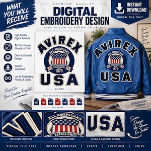 May include: A digital embroidery design file featuring the text AVIREX USA and a circular emblem with the American flag and the text ALL AMERICANS ESTABLISHED 1975. The design is displayed on a blue leather jacket with white and blue striped trim.