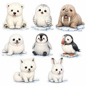 May include: A collection of eight illustrated arctic animals including a polar bear cub, snowy owl, walrus, seal pup, penguin chick, puffin, arctic fox, and rabbit. Each creature is depicted with a cheerful expression and small water droplets.