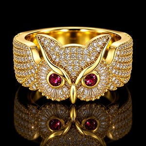 May include: A gold ring shaped like an owl, featuring two round red gemstone eyes, white baguette-cut stones surrounding the eyes, and numerous small clear pavé-set stones covering the owl's head and wings, set against a solid black background.