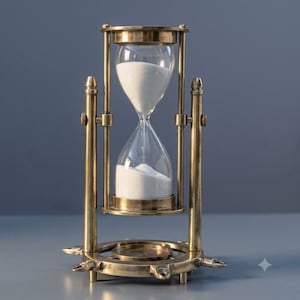 Puede incluir: Un reloj de arena con marco de latón y bulbos de vidrio transparente que contienen arena blanca. El marco presenta una base circular con puntas decorativas y soportes verticales que sostienen el centro de vidrio giratorio central.