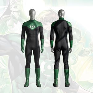 May include: A Green Lantern cosplay bodysuit featuring a black and green color scheme with long sleeves, a high neckline, and a circular Green Lantern emblem on the chest. The costume includes matching green boots and is displayed on a mannequin.