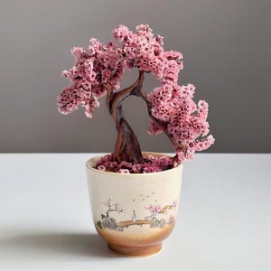 Mini bonsaï Sakura, arbre de bureau Japandi sans entretien | Pot en céramique peint à la main | Hauteur : 15,5 cm, tronc en fil de fer sculpté