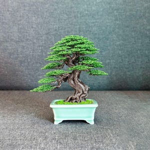 Bonsaï en fil de fer, sculpture miniature pour bibliothèque - Tronc tressé à la main, pot en céramique | Aluminium coloré, 15 x 13 x 10 cm