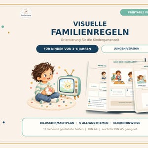 Puede incluir: Un documento PDF imprimible titulado VISUELLE FAMILIENREGIN que muestra a un niño de dibujos animados sosteniendo un reloj junto a un televisor. El diseño incluye secciones para rutinas diarias y notas para padres en once páginas.