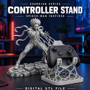 Puede incluir: Un soporte para mando gris con una figura esculpida en pose dinámica y estructuras de telaraña que se extienden hacia una base que sostiene un mando negro. El texto dice GUARDIAN SERIES CONTROLLER STAND SPIDER-MAN INSPIRED DIGITAL STL FILE.