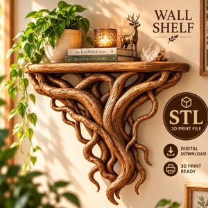 May include: A wall shelf featuring a brown, root-like support structure. The shelf holds a potted plant, two books titled The Kinfolk Home and Plants & Interiors, a candle, a deer figurine, and a crystal. Text reads WALL SHELF, STL 3D PRINT FILE, DIGITAL DOWNLOAD, 3D PRINT READY.