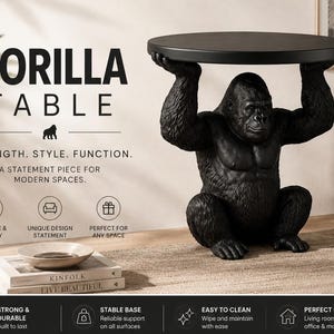 Könnte beinhalten: Ein schwarzer Beistelltisch in Gorilla-Form mit einer runden Tischplatte, die von den erhobenen Armen des Gorillas gehalten wird. Der Text GORILLA TABLE, STRENGTH. STYLE. FUNCTION. A STATEMENT PIECE FOR MODERN SPACES, DURABLE & STURDY, UNIQUE DESIGN STATEMENT, PERFECT FOR ANY SPACE ist sichtbar.