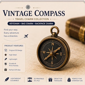 May include: A round, antique-style brass compass charm with a dark face featuring gold cardinal directions N, S, E, and W. The text reads VINTAGE COMPASS, TRAVEL CHARM COLLECTION, KEYCHAIN, BAG CHARM, BACKPACK CHARM, and lists product features.